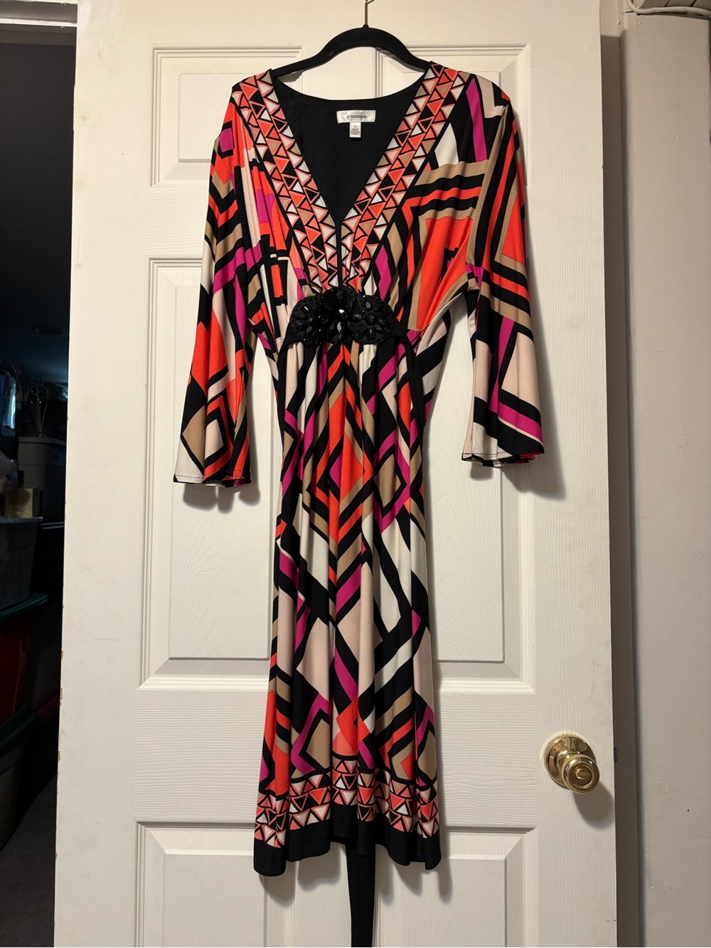dressbarn Geometric Midi Dress in Coral, Pink, Black & Cream